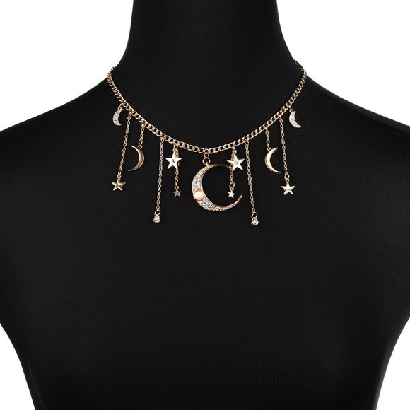 Moon and Star Goddess Charm Necklace Choker - Picture 3 of 13